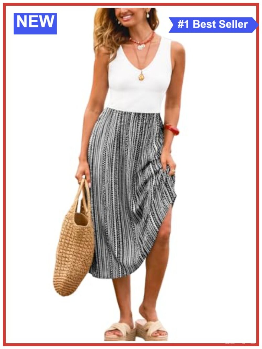 Striped Geometric Two Tone V Neck Sleeveless Tank Maxi Dress